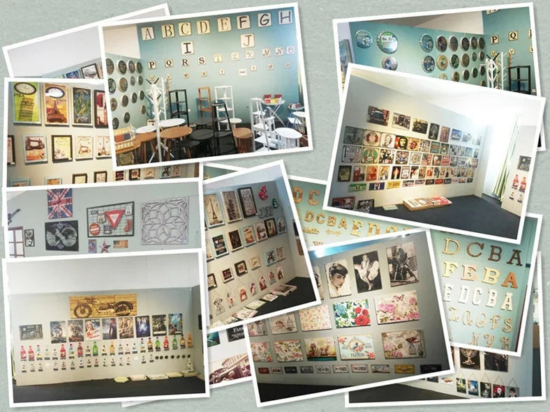 A collection of vintage metal tin signs and wall art featuring various designs and lettering.
