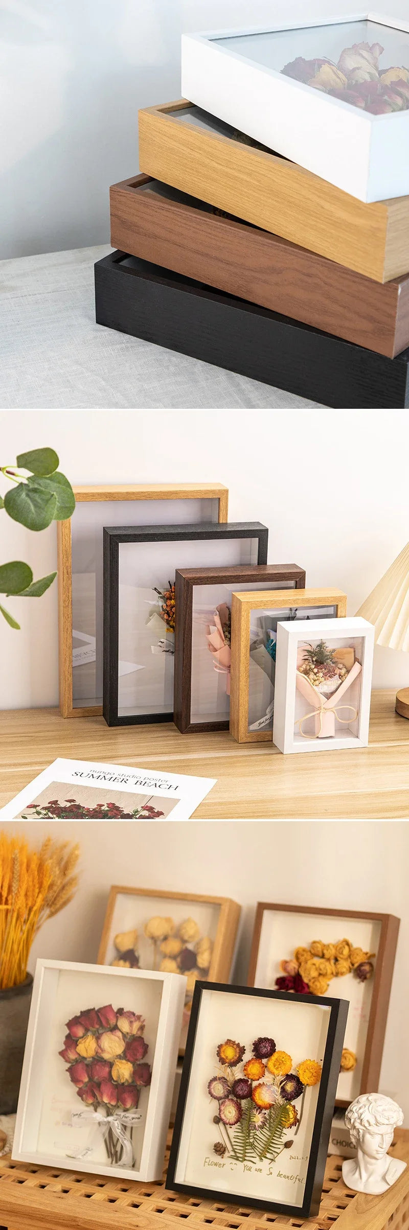A collection of wooden shadow box frames displaying dried flowers and natural elements.
