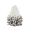 A bundle of white fishing line or thread with silver lobster clasps attached, used for jewelry making.
