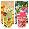 A pink moisturizing hand sanitizer spray bottle with a rainbow top and a green glass bottle featuring citrus fruit.