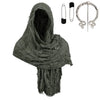 Dark gray hooded cloak cape with a Viking-style silver brooch and matching hair accessories