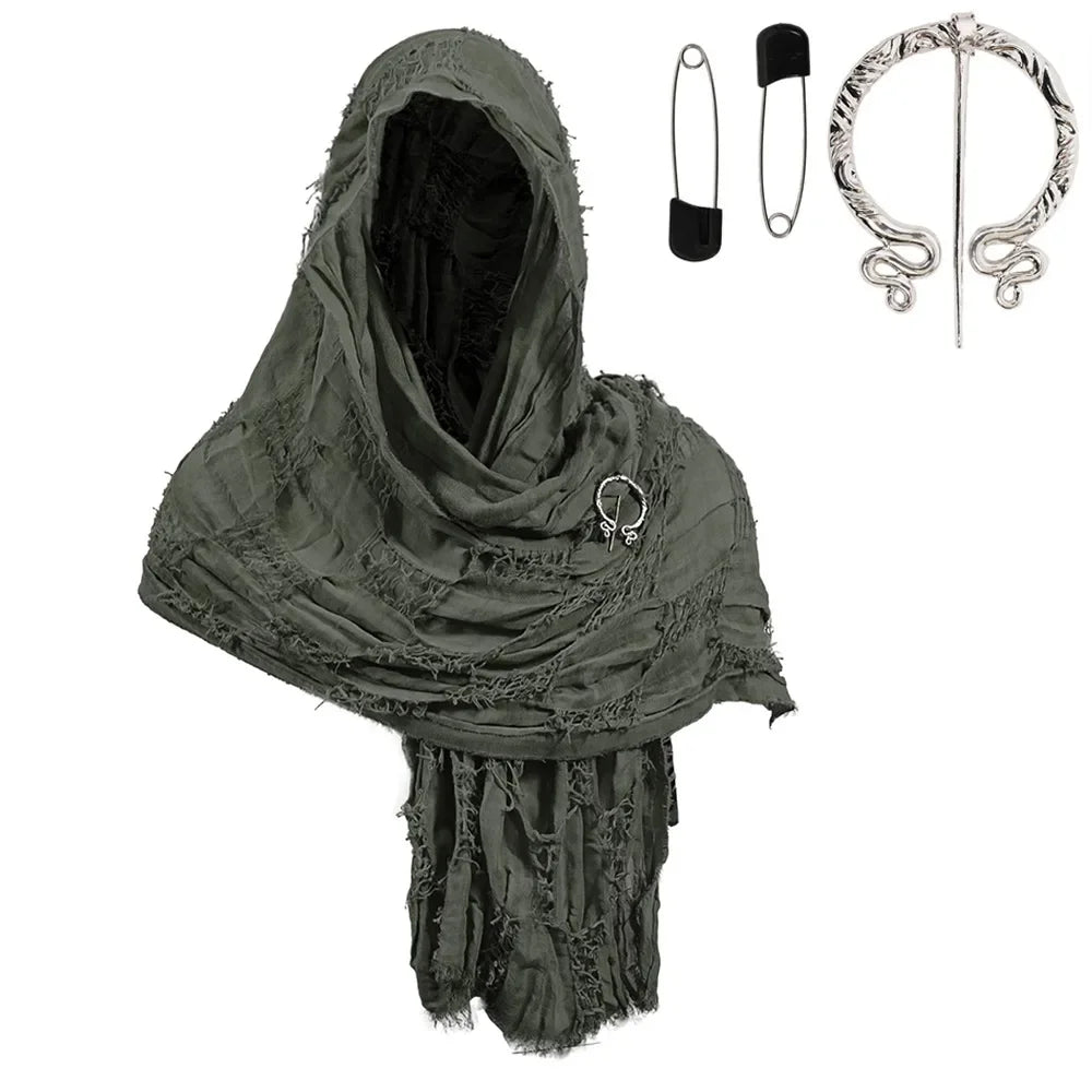 Dark gray hooded cloak cape with a Viking-style silver brooch and matching hair accessories