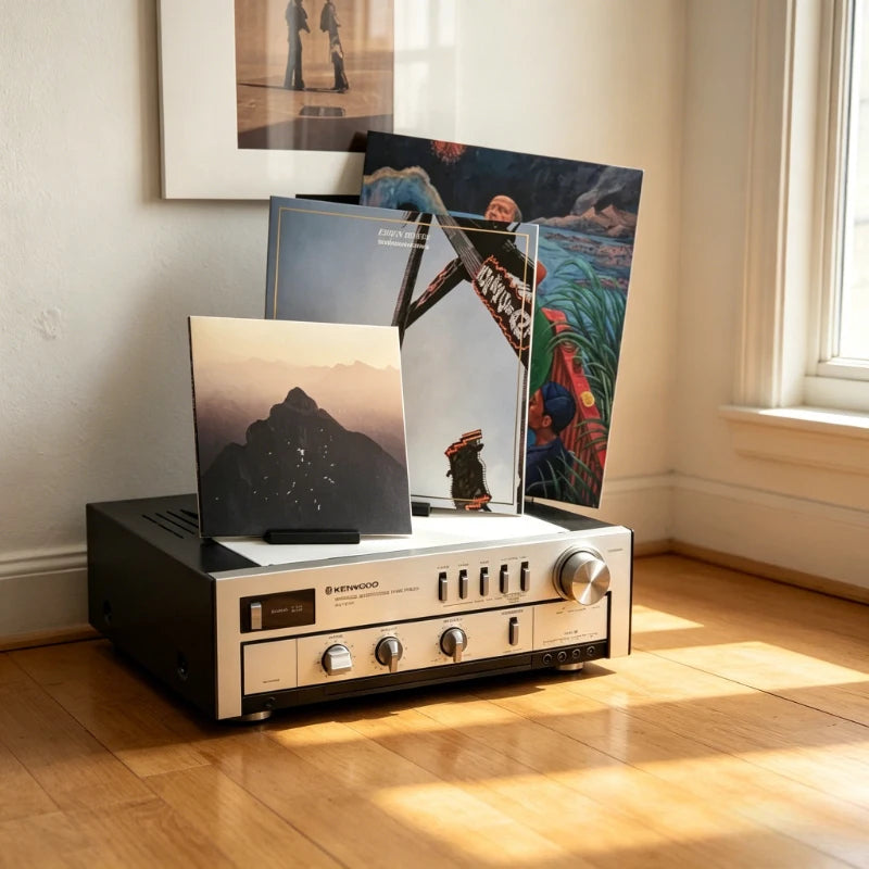 A black minimalist vinyl record and CD display stand holding several album covers.