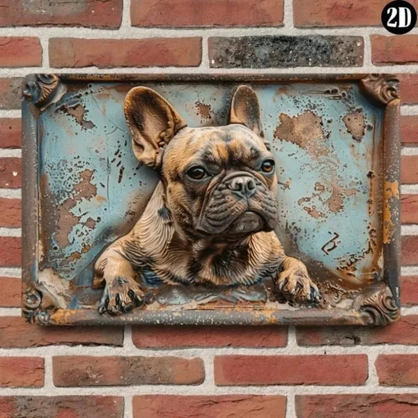 A vintage metal wall sign featuring a dog's head in a rustic style mounted on a brick wall.
