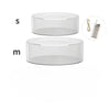 Two clear acrylic cake stand display boxes, small and medium sizes, with LED lights shown.