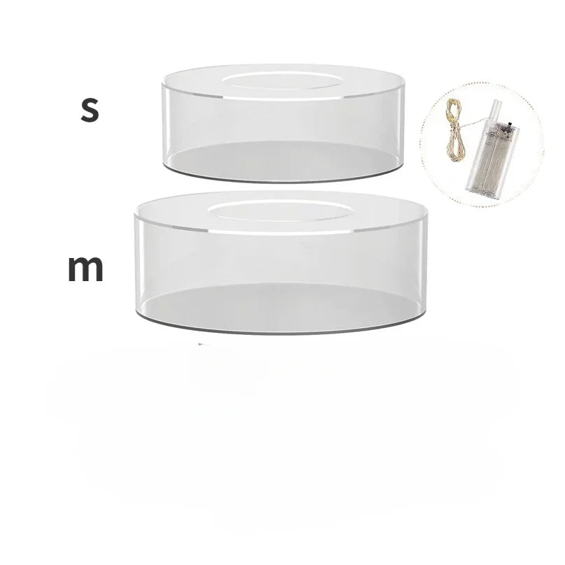 Two clear acrylic cake stand display boxes, small and medium sizes, with LED lights shown.
