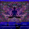 A vibrant tapestry featuring a central silhouette of a meditating figure surrounded by glowing lotus petals and intricate pat
