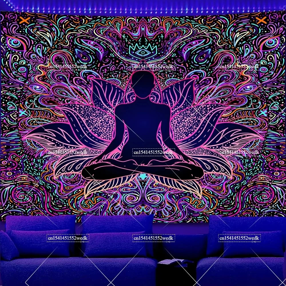 A vibrant tapestry featuring a central silhouette of a meditating figure surrounded by glowing lotus petals and intricate pat