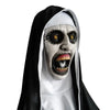 A scary nun latex mask with a white headscarf and black veil.