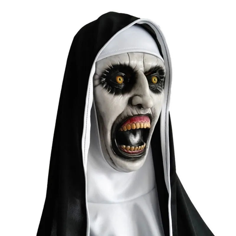 A scary nun latex mask with a white headscarf and black veil.