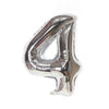 A metallic silver foil balloon shaped like the number 4.