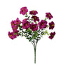 A bouquet of artificial silk flowers in deep magenta and purple hues.