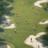 An aerial view of a green golf course with several figures playing, set against a natural landscape.