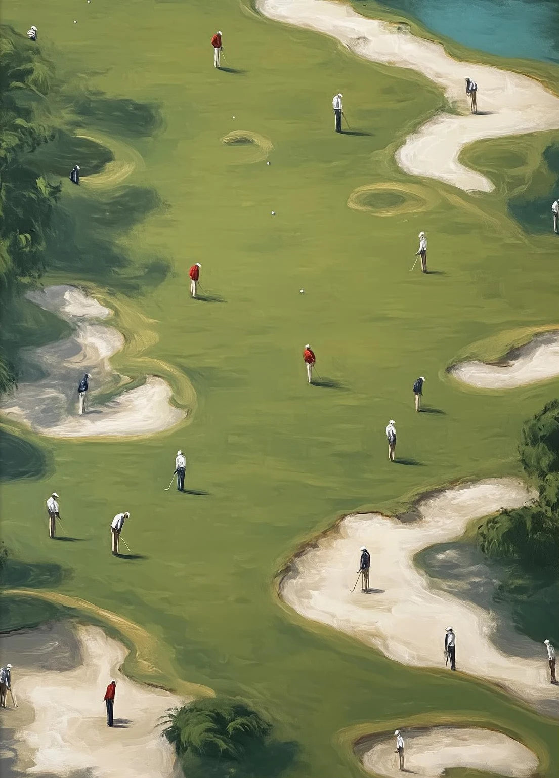 An aerial view of a green golf course with several figures playing, set against a natural landscape.