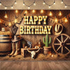 A rustic wild west cowboy birthday backdrop featuring a wooden barn scene with hay, leather boots, and a wooden wagon wheel.