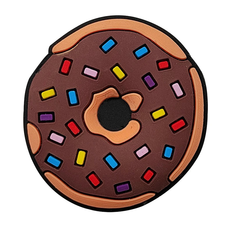 A brown doughnut charm with colorful sprinkles, designed for Crocs and slides.