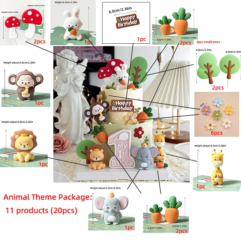 Animal theme cake toppers set featuring various jungle and safari animals like elephants monkeys and lions