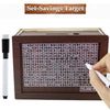 A wooden set-savings target board with slots for various currency notes and coins.