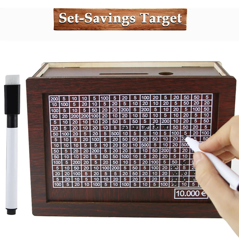 A wooden set-savings target board with slots for various currency notes and coins.