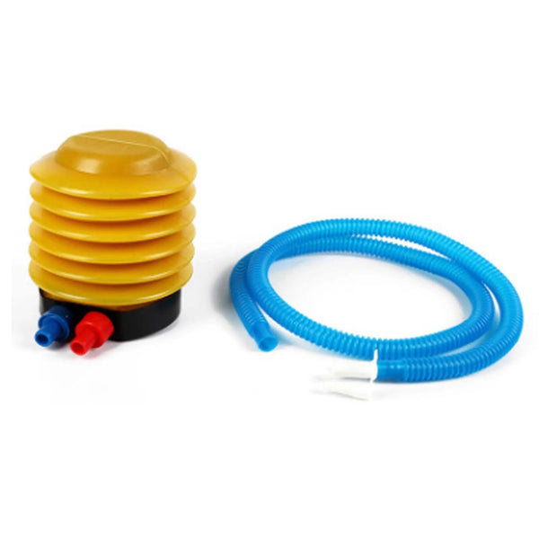 Yellow handheld balloon air pump with blue flexible hose and connectors