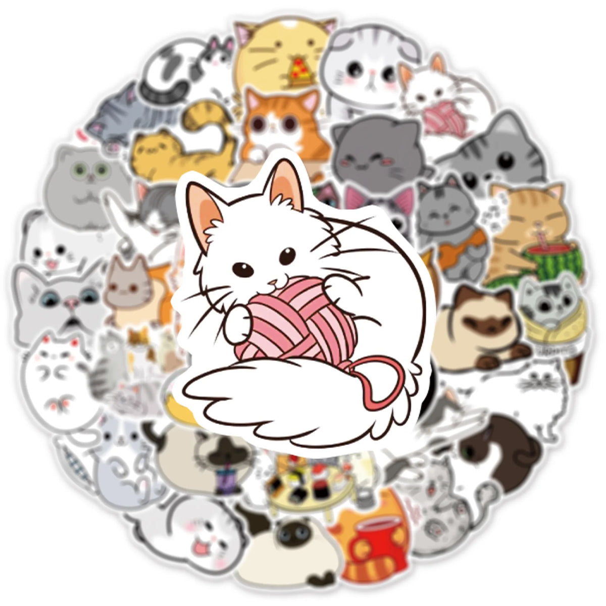 A circular arrangement of various funny cartoon cat stickers and illustrations.