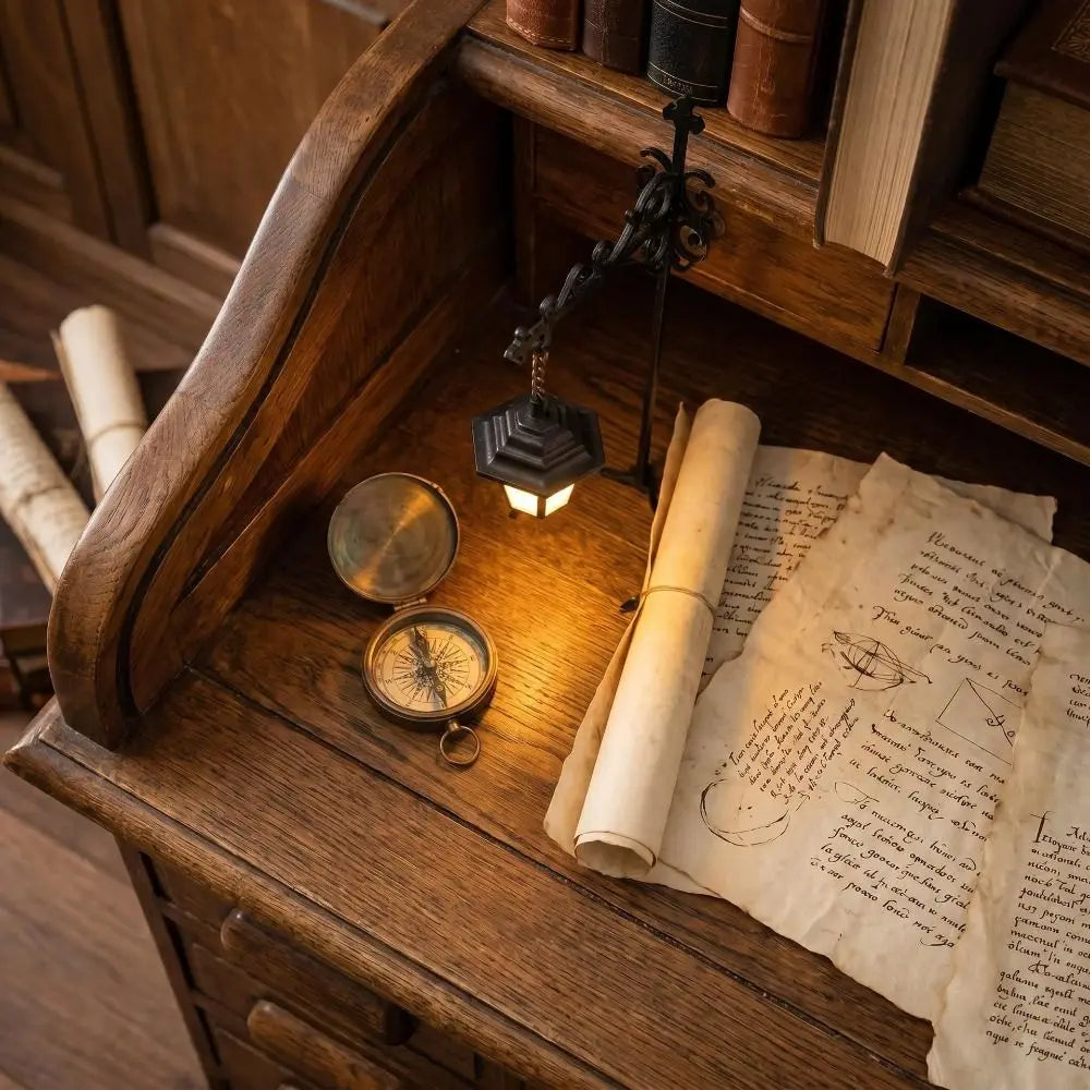 A vintage bookshelf lantern lamp sits on a wooden desk next to old books and parchment paper.