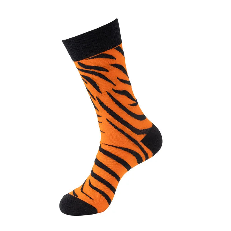 Orange and black tiger print crew socks for men