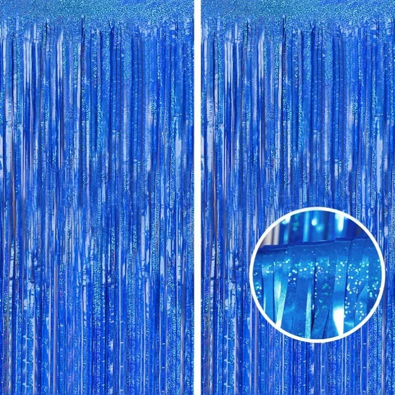 Blue metallic foil tinsel fringe backdrop set with vertical strands