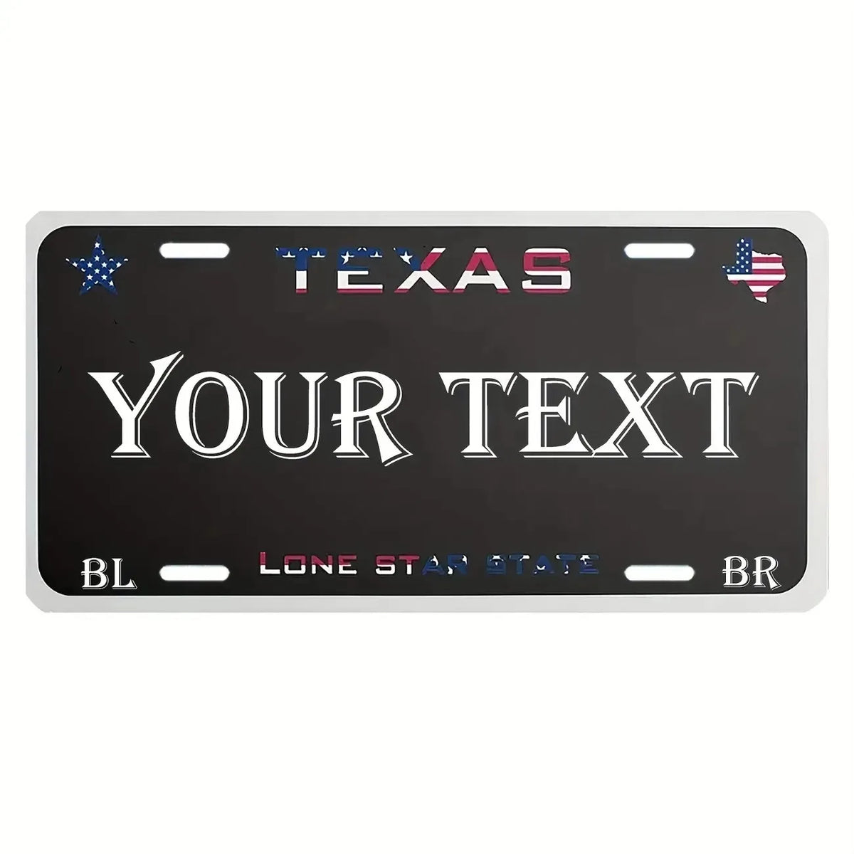 A black license plate sign with the word TEXAS and space for custom text, featuring a US flag and state star graphics.