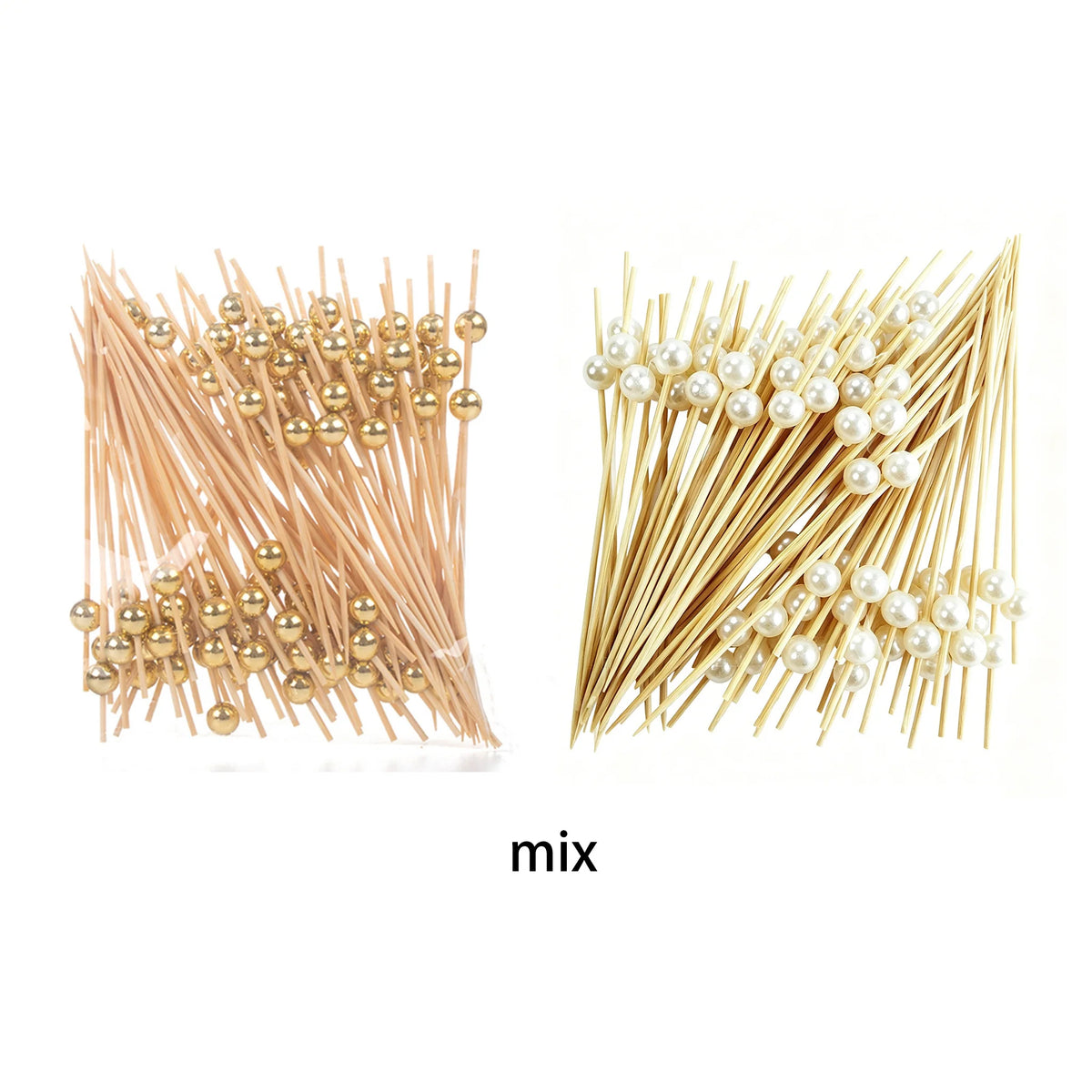 A mix of bamboo cocktail picks tipped with gold and white pearls.
