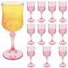 A set of twelve elegant pink plastic wine glasses, including a large bowl and several stemmed glasses.