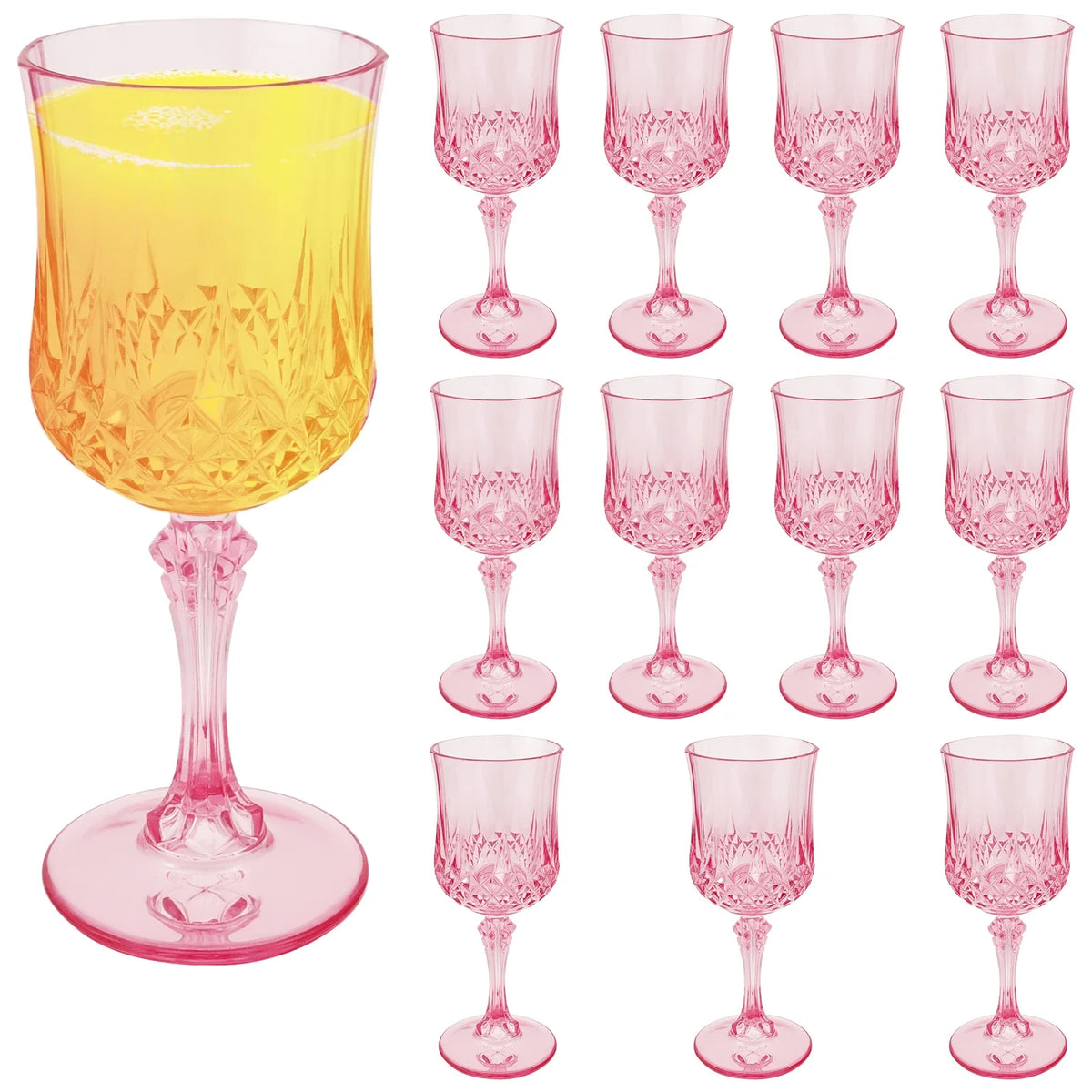 A set of twelve elegant pink plastic wine glasses, including a large bowl and several stemmed glasses.
