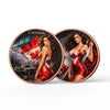 A circular copper bar labeled Canada featuring a woman in a red dress and a maple leaf design.