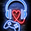 Neon blue and red outline of headphones and a gamepad on a dark brick background