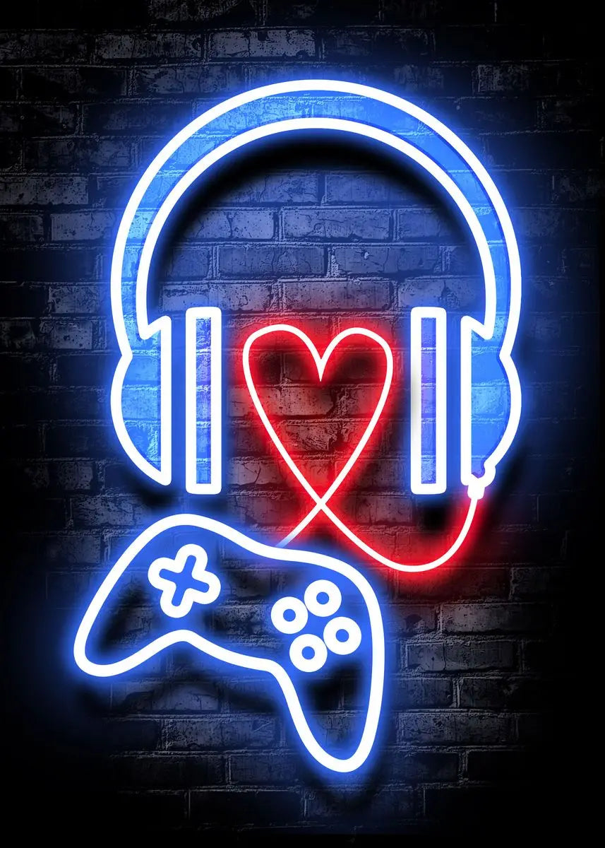 Neon blue and red outline of headphones and a gamepad on a dark brick background