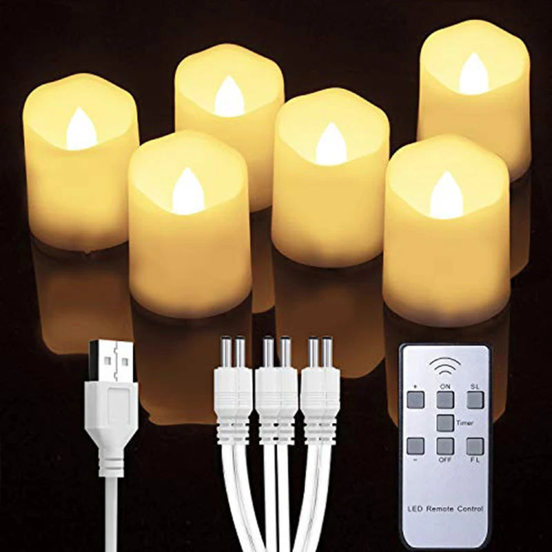 A set of yellow LED tea light candles with a remote control and timer displayed on a dark surface.