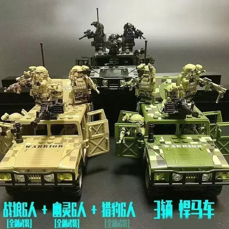 A collection of military off-road jeep building blocks featuring several heavily armored vehicles and figures.