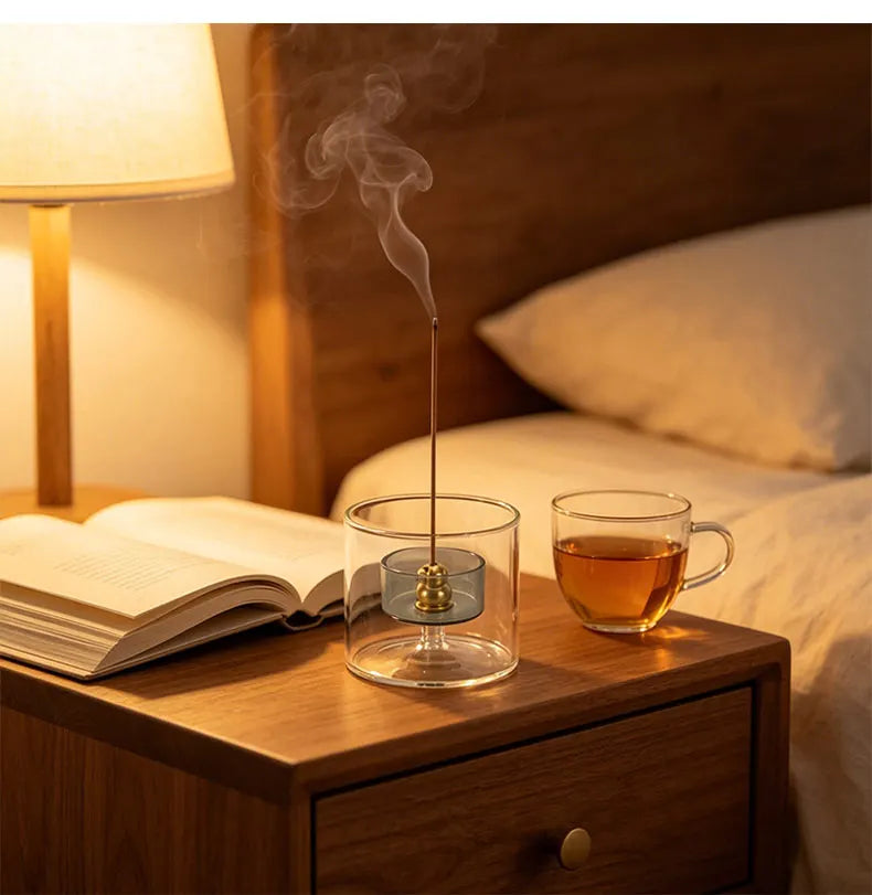 A gourd-shaped glass incense burner with an ash catcher emitting smoke on a wooden bedside table.
