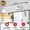 A white LED mirror light fixture with an adjustable bar and a 15W rating is shown above a bathroom vanity.