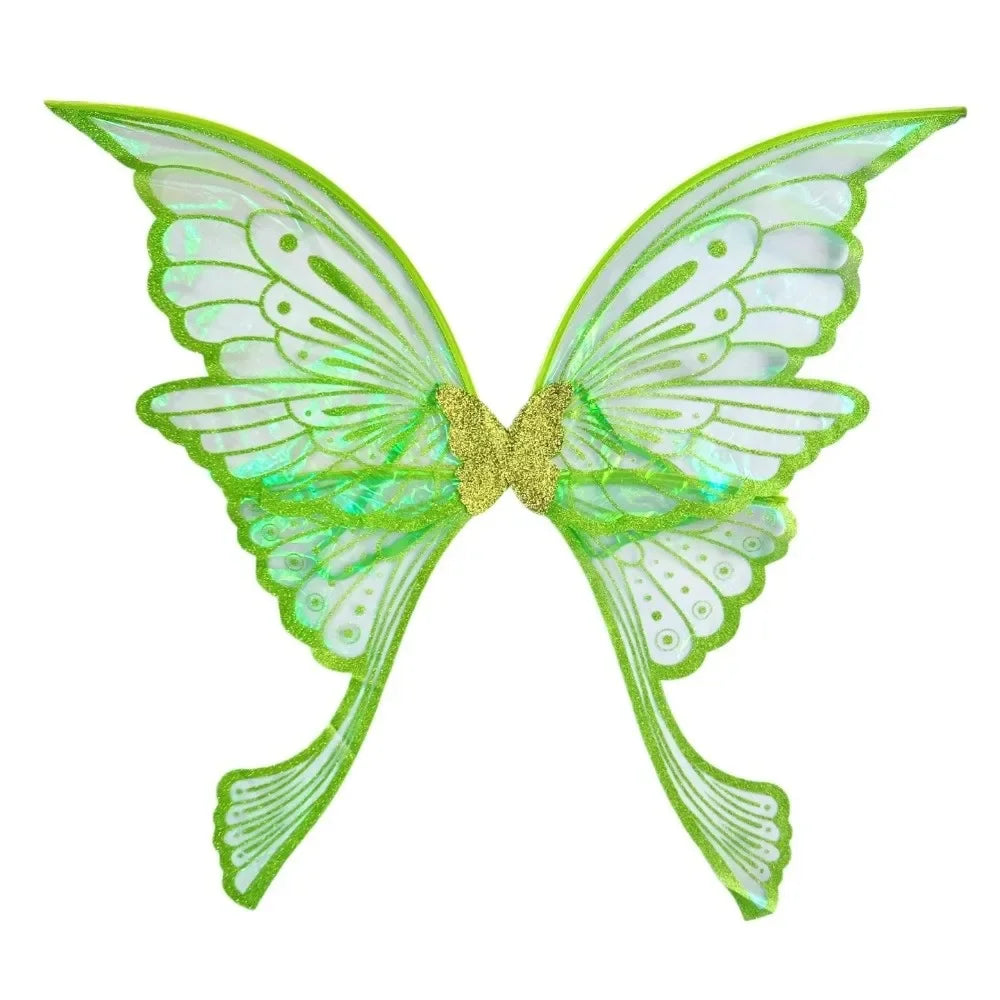 A pair of sparkling green fairy wings with gold accents and a wand, part of a costume set.