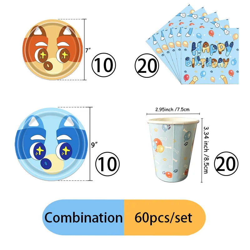 A set of blue dog party supplies including a face plate and cups, packaged as a 60-piece combination set.