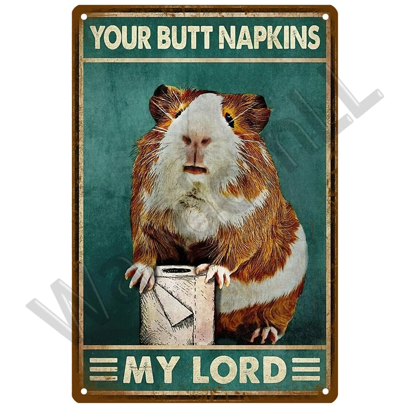A portrait of a brown and white rabbit wearing a sign that reads Your Butt Napkins and My Lord