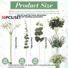 A product size guide showing various stems of artificial eucalyptus and baby's breath flowers with their respective lengths.