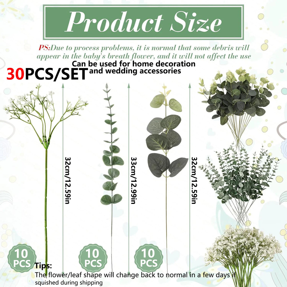 A product size guide showing various stems of artificial eucalyptus and baby's breath flowers with their respective lengths.