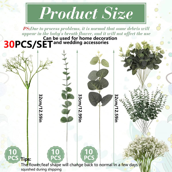 A product size guide showing various stems of artificial eucalyptus and baby's breath flowers with their respective lengths.