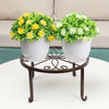 A decorative metal plant stand holding two potted green and yellow flowering plants.