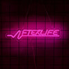 A neon sign shaped like a heartbeat line spelling 'AFTERLIFE' hangs against a dark grid background.