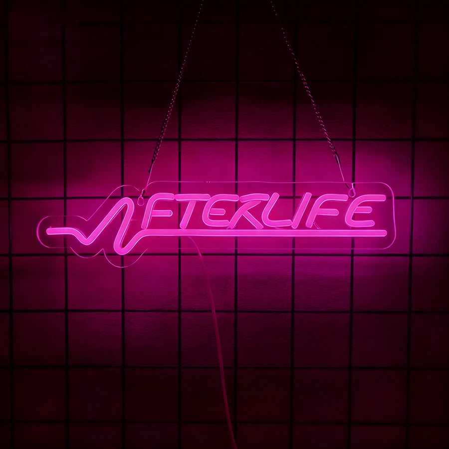 A neon sign shaped like a heartbeat line spelling 'AFTERLIFE' hangs against a dark grid background.