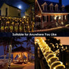 Solar-powered LED rope lights illuminating a house and garden at night.