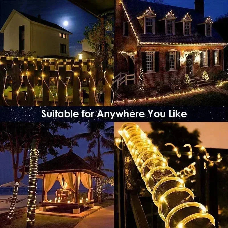 Solar-powered LED rope lights illuminating a house and garden at night.